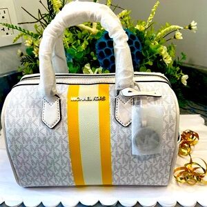 Michael Kors Bedford Duffle Satchel with Center Stripe White Multi
